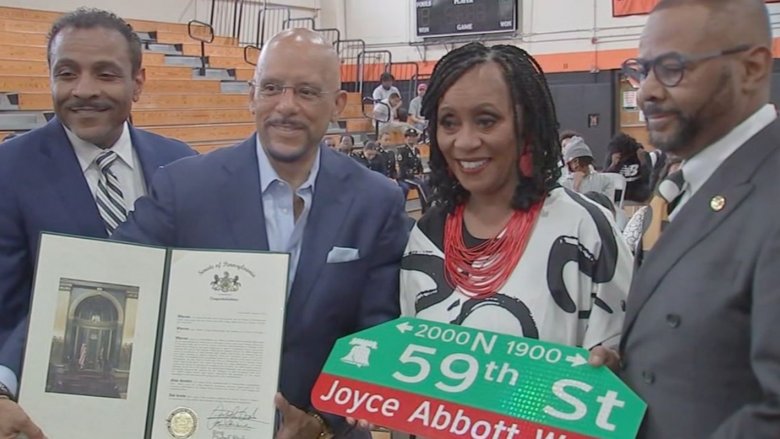 PHOTO: Joyce Abbott poses for a photo during a ceremony in her honor held at Overbrook High School, Sept. 26, 2023, in Philadelphia.