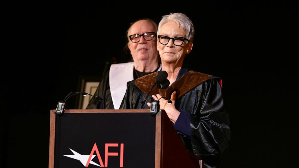 PHOTO: John Carpenter and Jamie Lee Curtis attend the AFI Commencement - Class of 2024 honoring recipient Jamie Lee Curtis in Hollywood, CA, Aug. 10, 2024.