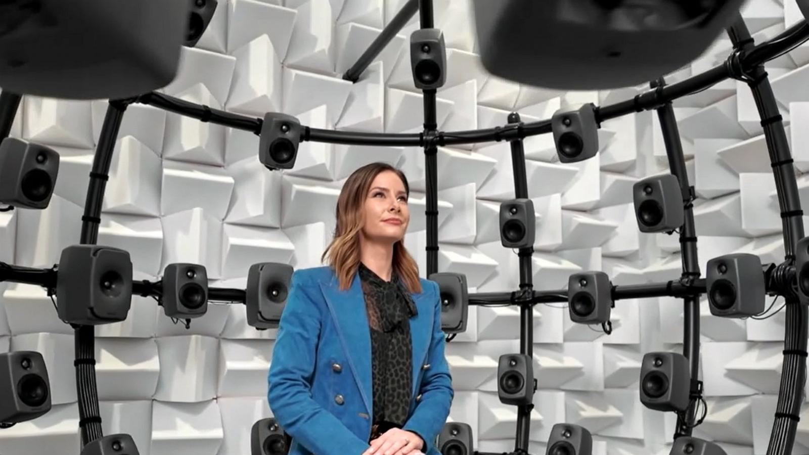 PHOTO: ABC News’ Rebecca Jarvis experiences Apple’s Fantasia Lab, an audio lab in Cupertino, Calif.