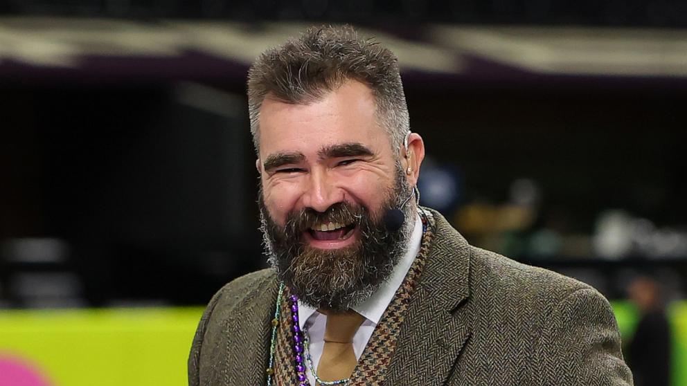 PHOTO: Former NFL Players and analysts, Jason Kelce laughs before Super Bowl LIX between the Kansas City Chiefs and Philadelphia Eagles at Caesars Superdome on Feb. 9, 2025 in New Orleans.