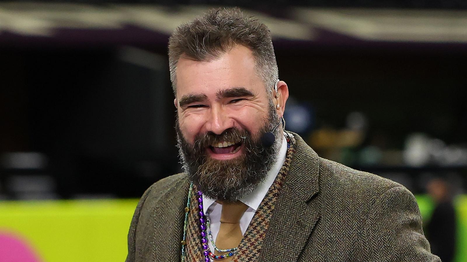 PHOTO: Former NFL Players and analysts, Jason Kelce laughs before Super Bowl LIX between the Kansas City Chiefs and Philadelphia Eagles at Caesars Superdome on Feb. 9, 2025 in New Orleans.