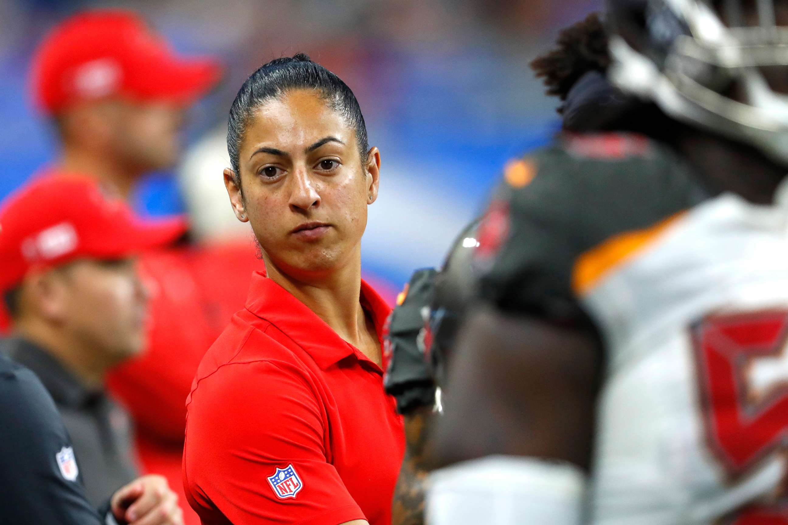 PHOTO: Tampa Bay Buccaneers assistant strength and conditioning coach Maral Javadifar looks on during the second half of an NFL football game Detroit Lions in Detroit, Dec. 15, 2019. 