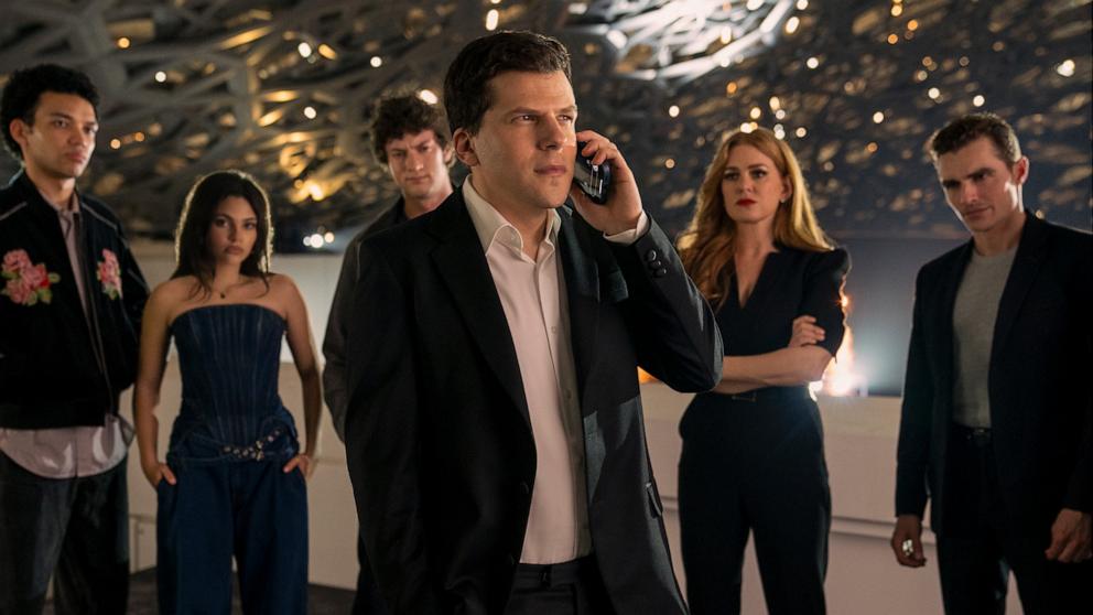 PHOTO: Justice Smith as Charlie, Ariana Greenblatt as June, Dominic Sessa as Bosco, Jesse Eisenberg as Daniel Atlas, Isla Fisher as Henley Reeves, and Dave Franco as Jack Wilder in Now You See Me: Now You Don't.
