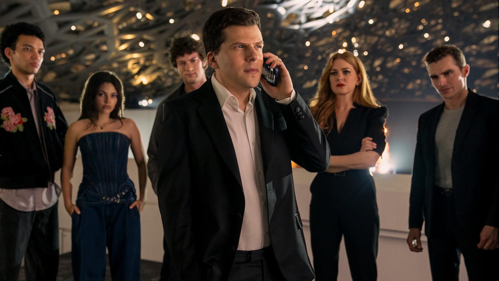 PHOTO: Justice Smith as Charlie, Ariana Greenblatt as June, Dominic Sessa as Bosco, Jesse Eisenberg as Daniel Atlas, Isla Fisher as Henley Reeves, and Dave Franco as Jack Wilder in Now You See Me: Now You Don't.