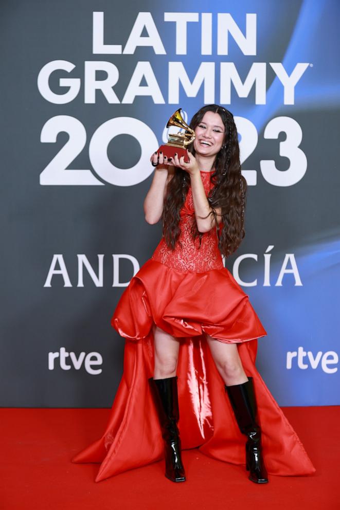 PHOTO: Joaquina poses with the award for Best New Artist in the media center for The 24th Annual Latin Grammy Awards at FIBES Conference and Exhibition Centre, Nov. 16, 2023, in Seville, Spain. 