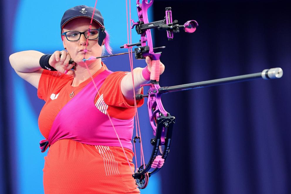 PHOTO: Jodie Grinham of Great Britain competes in the Para Archery women's individual compound open bronze medal contest at the 2024 Paris Paralympic Games, Aug. 31, 2024.