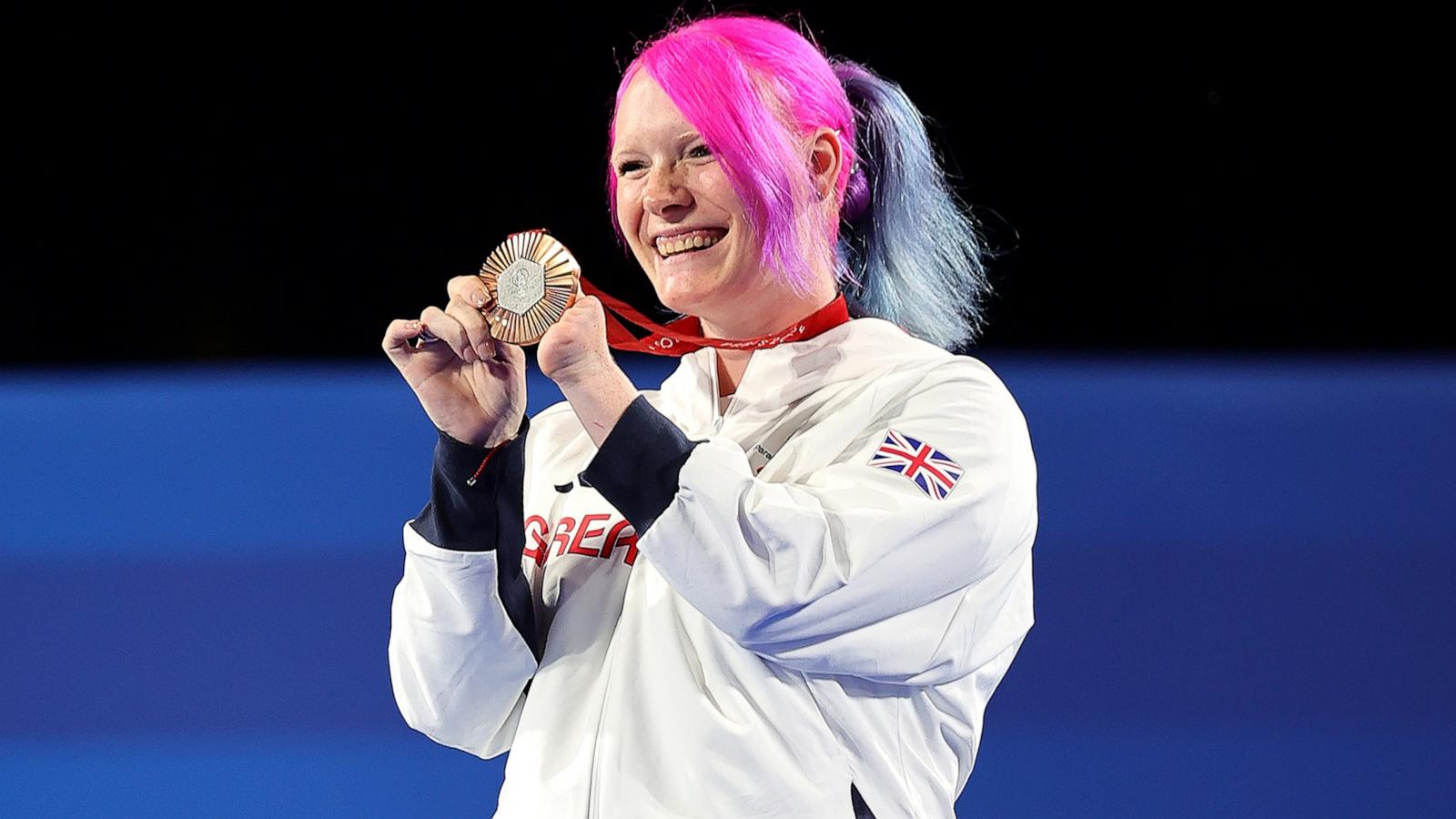 PHOTO: Bronze medalist Jodie Grinham of Great Britain celebrates on the podium at the 2024 Paris Paralympic Games, Aug. 31, 2024.