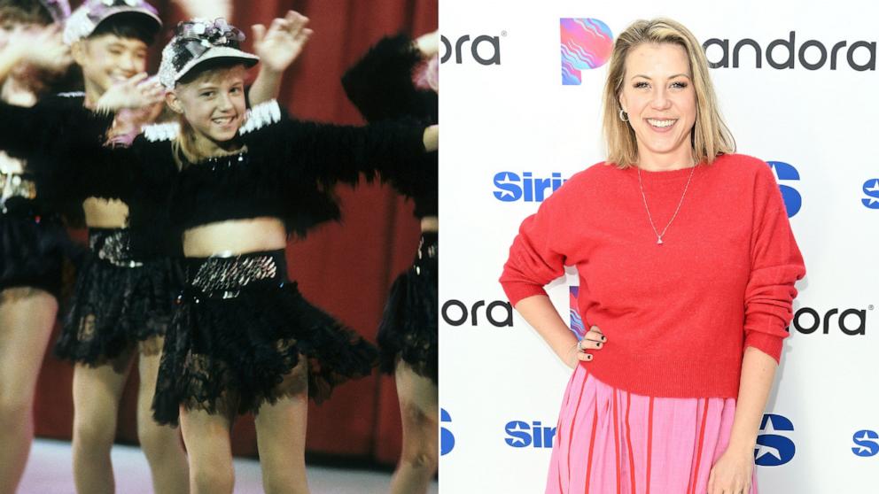 PHOTO: Jodie Sweetin is seen on the show "Full House" in 1991, left, and on the right Sweetin poses for a photo, March 25, 2024, in Los Angeles.