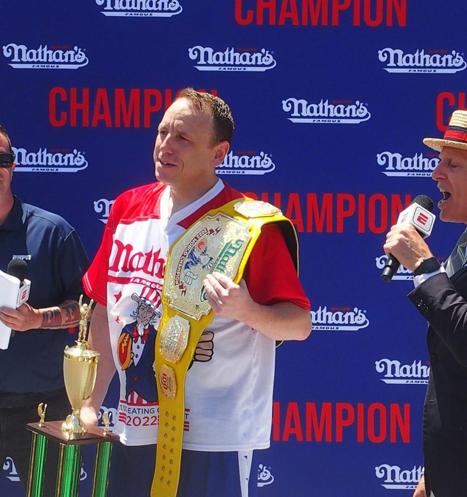 PHOTO: Competitive eater Joey Chestnut wins with 63 hot dogs in the men's division at the 2022 Nathan's Famous International Hot Dog Eating Contest in Coney Island, NY, July 4, 2022.