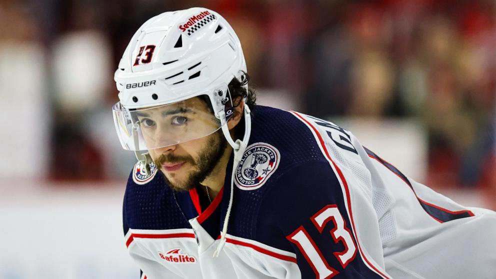 PHOTO: Johnny Gaudreau of the Columbus Blue Jackets looks on during the warmups of the game against the Carolina Hurricanes, Apr. 7, 2024, in Raleigh, N.C.