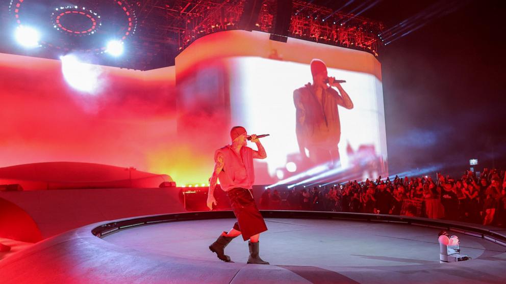 Justin Bieber performs at the Coachella Stage during the 2026 Coachella Valley Music and Arts Festival on April 18, 2026 in Indio, California. 