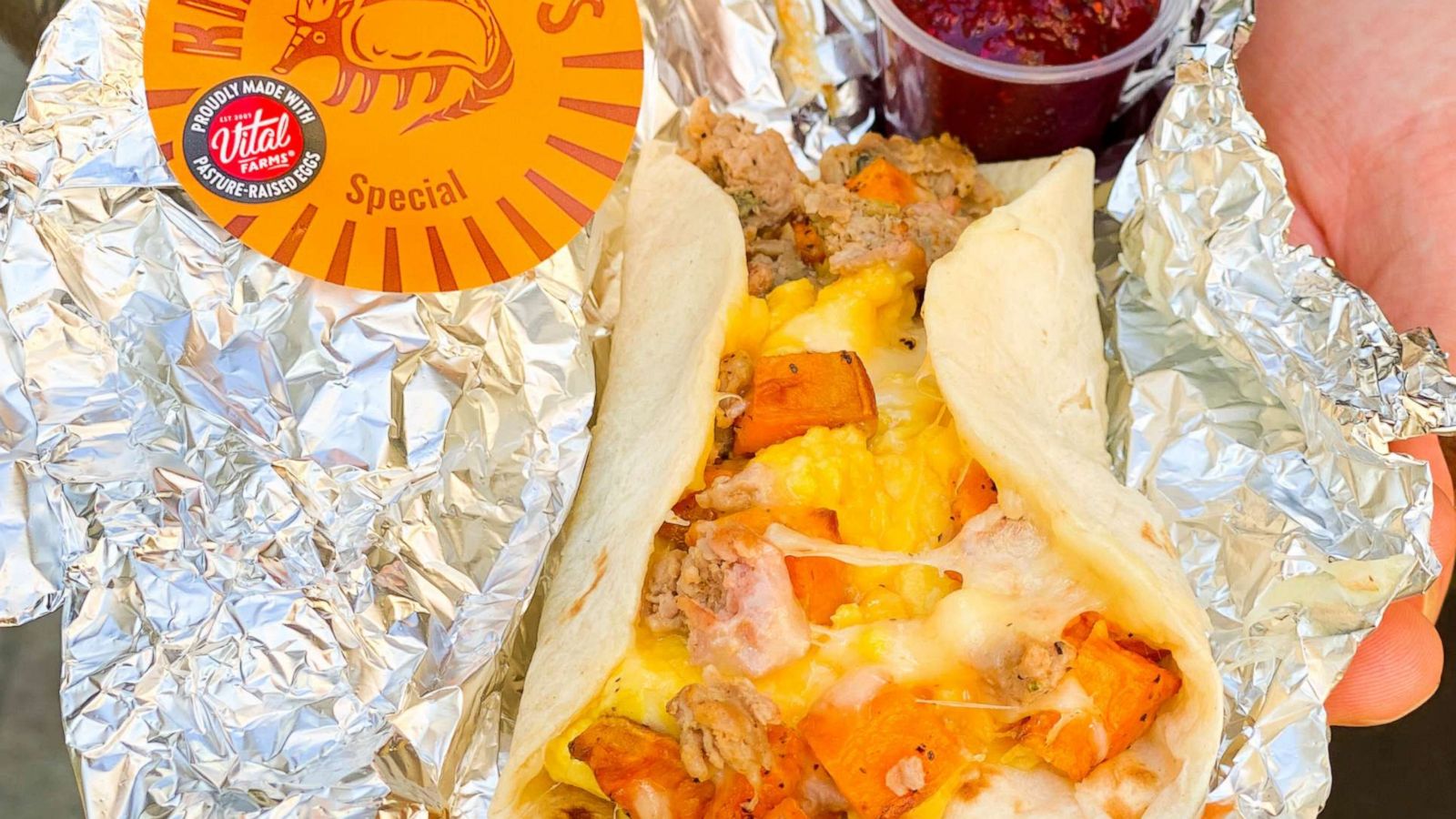 PHOTO: Cranbirdy tacos made with sweet potato, scrambled egg, cheese, turkey sausage and a cranberry salsa.