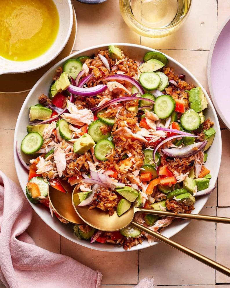 PHOTO: A crispy rice salad with salmon and cucumbers.