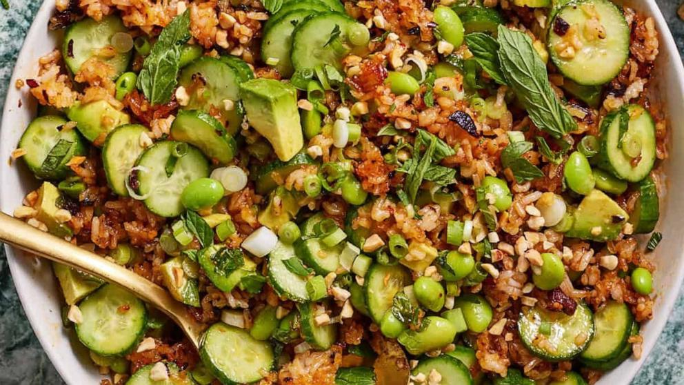 PHOTO: Crispy rice salad with lemon tahini dressing with cucumbers and edamame.