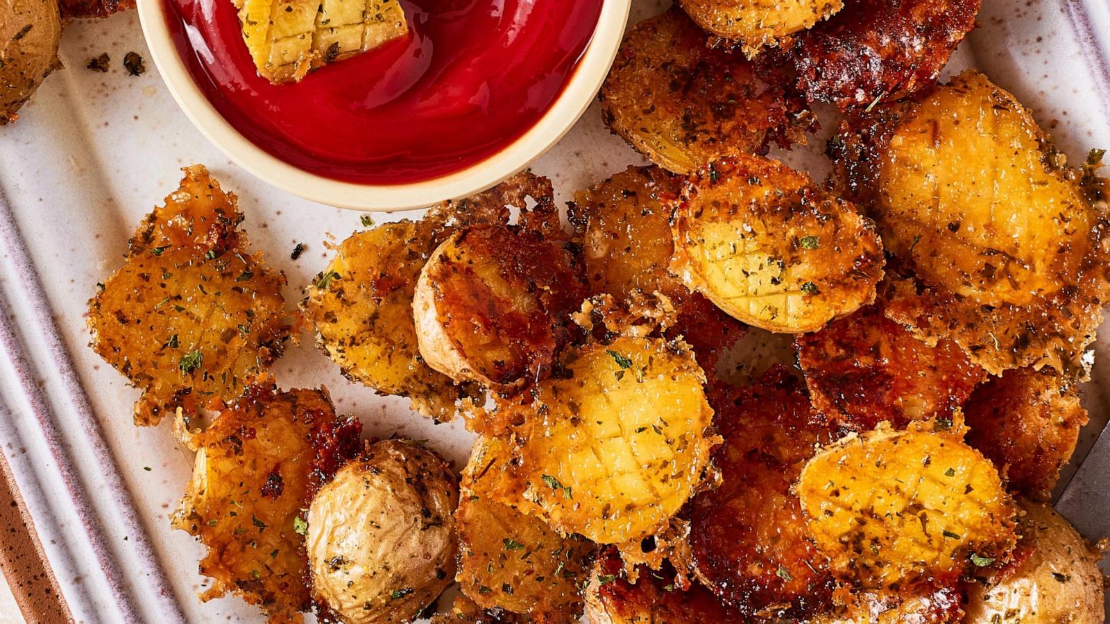 PHOTO: A tray of crispy garlic parmesan potatoes.