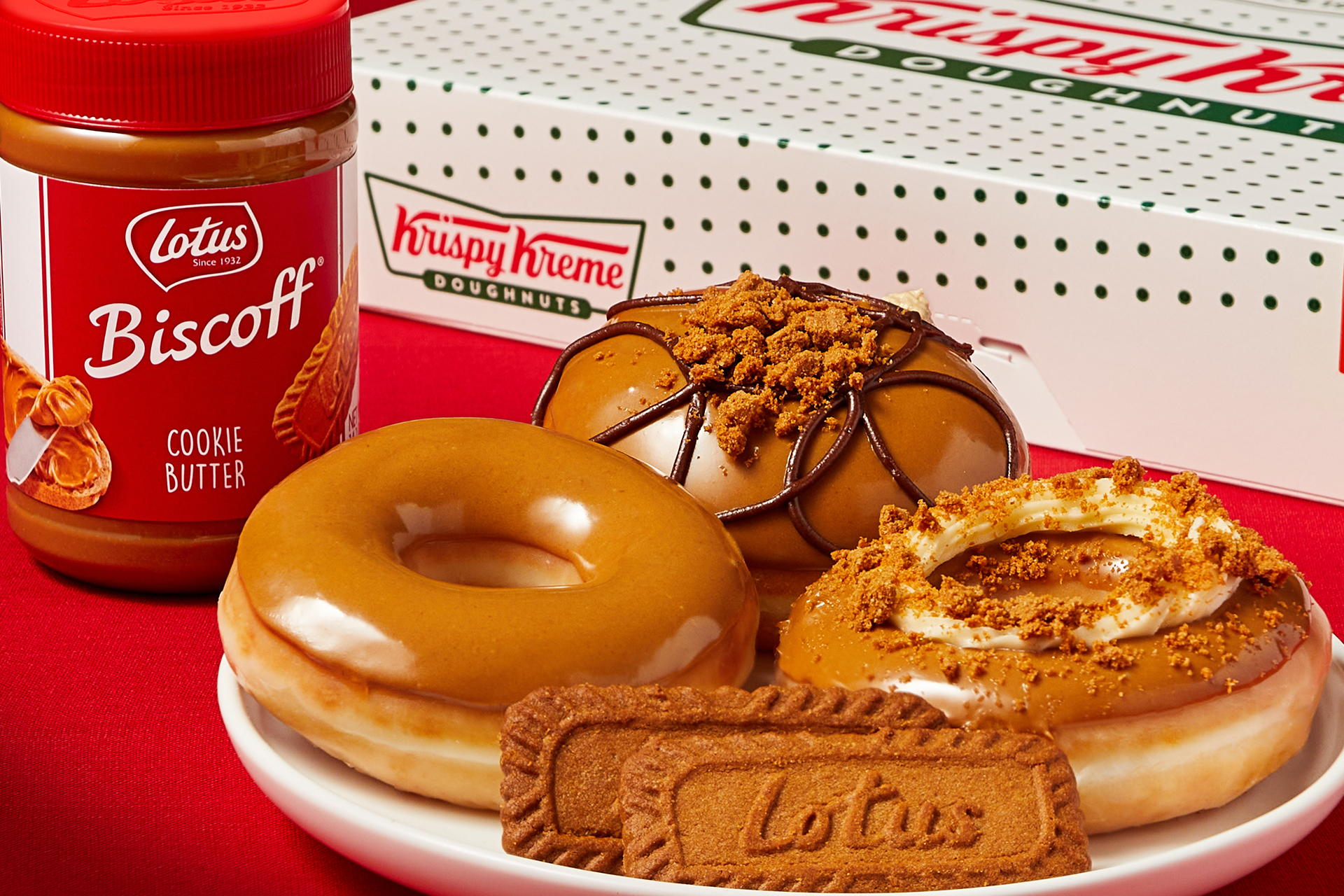 PHOTO: Three new doughnuts made with Biscoff cookie butter at Krispy Kreme.