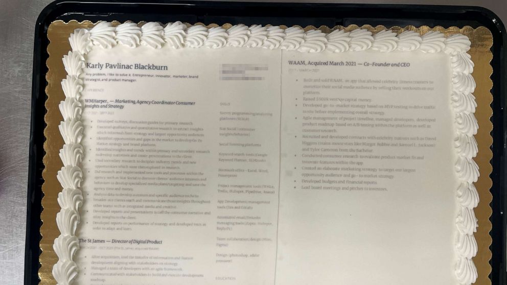PHOTO: Karly Pavlinac Blackburn's resume printed on a sheet cake.