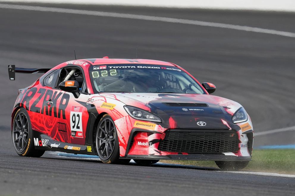 PHOTO: Keanu Reeves drives during the GR Cup Series auto race at Indianapolis Motor Speedway, Indianapolis, Ind., Oct. 5, 2024.