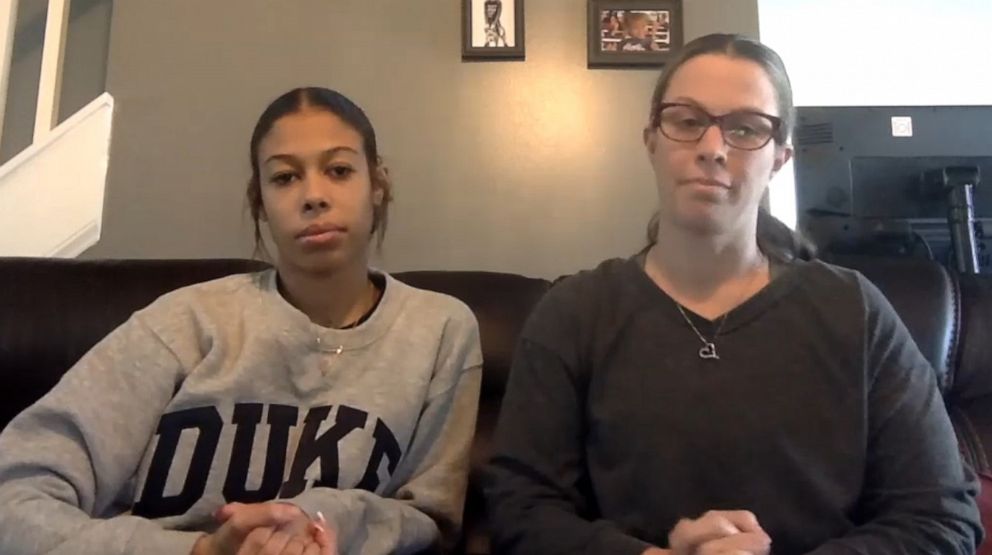 PHOTO: Andrea Joe, right, sits next to her daughter Keianna, whose life she saved when Keianna went into cardiac arrest at a cheerleading competition.