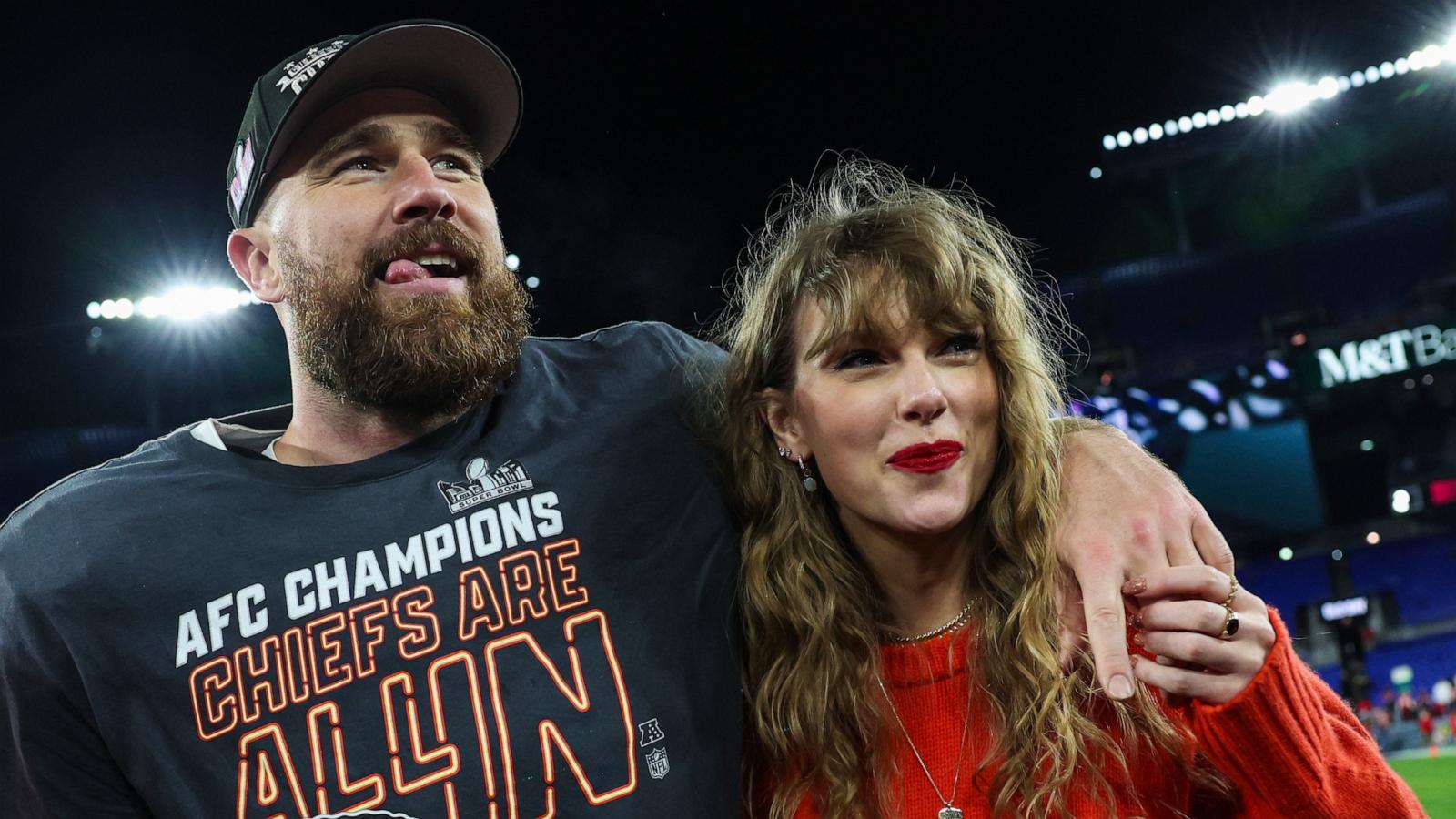 PHOTO: Travis Kelce of the Kansas City Chiefs celebrates with Taylor Swift after defeating the Baltimore Ravens in the AFC Championship Game in Baltimore, MD, Jan. 28, 2024.