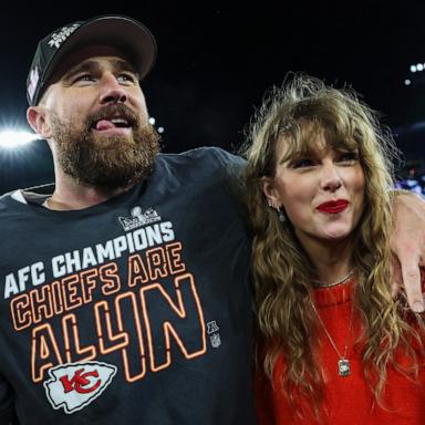 PHOTO: Travis Kelce of the Kansas City Chiefs celebrates with Taylor Swift after defeating the Baltimore Ravens in the AFC Championship Game in Baltimore, MD, Jan. 28, 2024.