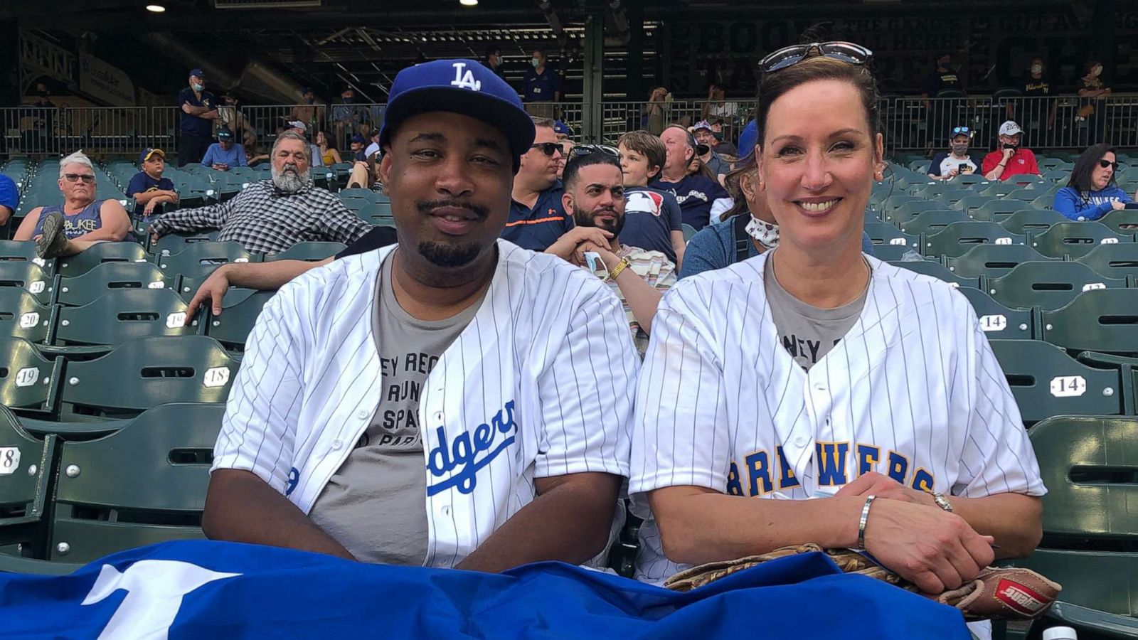 PHOTO: Booker T. Williams and Lisa Sorlie at the Milwaukee Brewers vs Los Angeles Dodgers baseball game at American Family Field in Milwaukee, May 2, 2021.