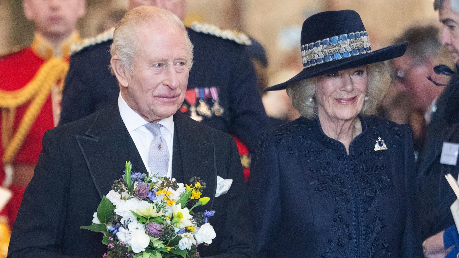 King Charles III and Queen Camilla departing after the Royal Maundy Service on April 2, 2026 in St Asaph, Wales.