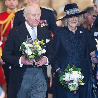 King Charles III and Queen Camilla departing after the Royal Maundy Service on April 2, 2026 in St Asaph, Wales.