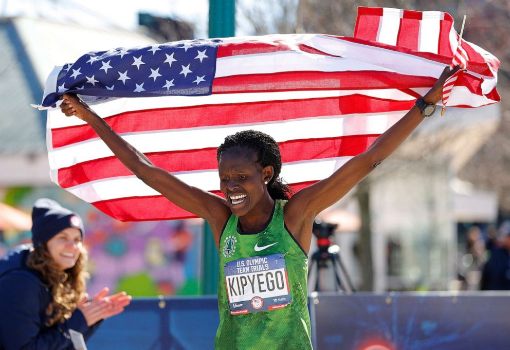 PHOTO: Sally Kipyego reacts after finishing in third place during the Women's U.S. Olympic marathon team trials, Feb. 29, 2020, in Atlanta.