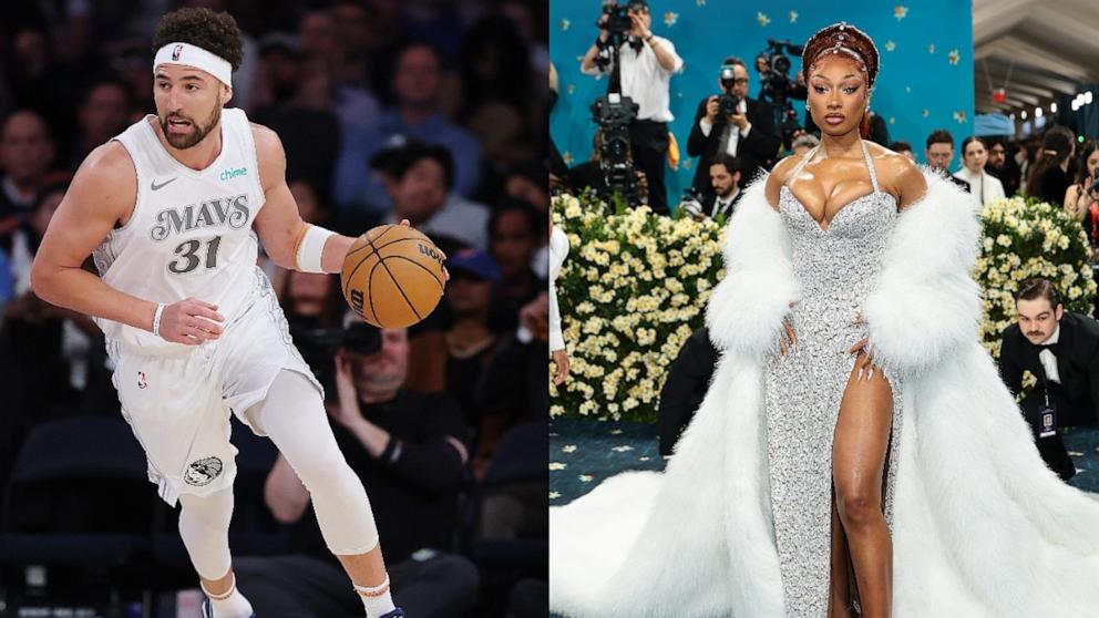 Klay Thompson in action during the game against the New York Knicks on March 25, 2025 in New York City. Megan Thee Stallion attends the 2025 Met Gala Celebrating "Superfine: Tailoring Black Style" on May 05, 2025 in New York City. 