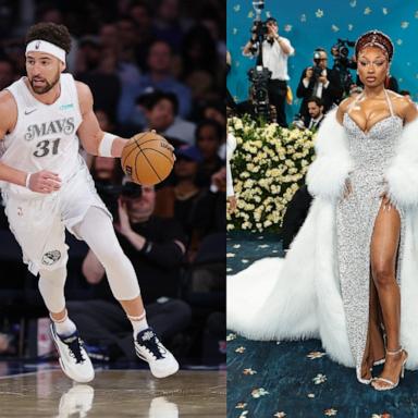 Klay Thompson in action during the game against the New York Knicks on March 25, 2025 in New York City. Megan Thee Stallion attends the 2025 Met Gala Celebrating "Superfine: Tailoring Black Style" on May 05, 2025 in New York City. 