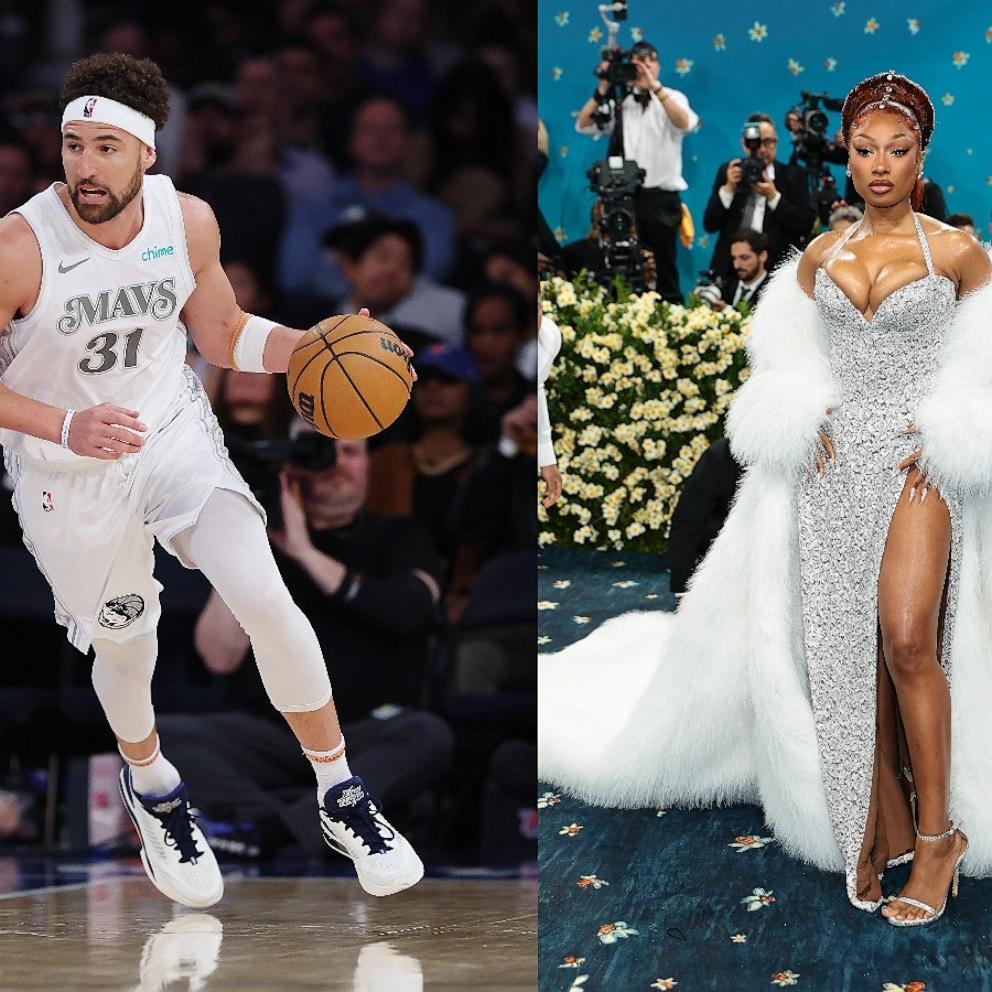 Klay Thompson #31 of the Dallas Mavericks in action during the game against the New York Knicks on March 25, 2025 in New York City. Megan Thee Stallion attends the 2025 Met Gala Celebrating "Superfine: Tailoring Black Style" on May 05, 2025 in New York City. 