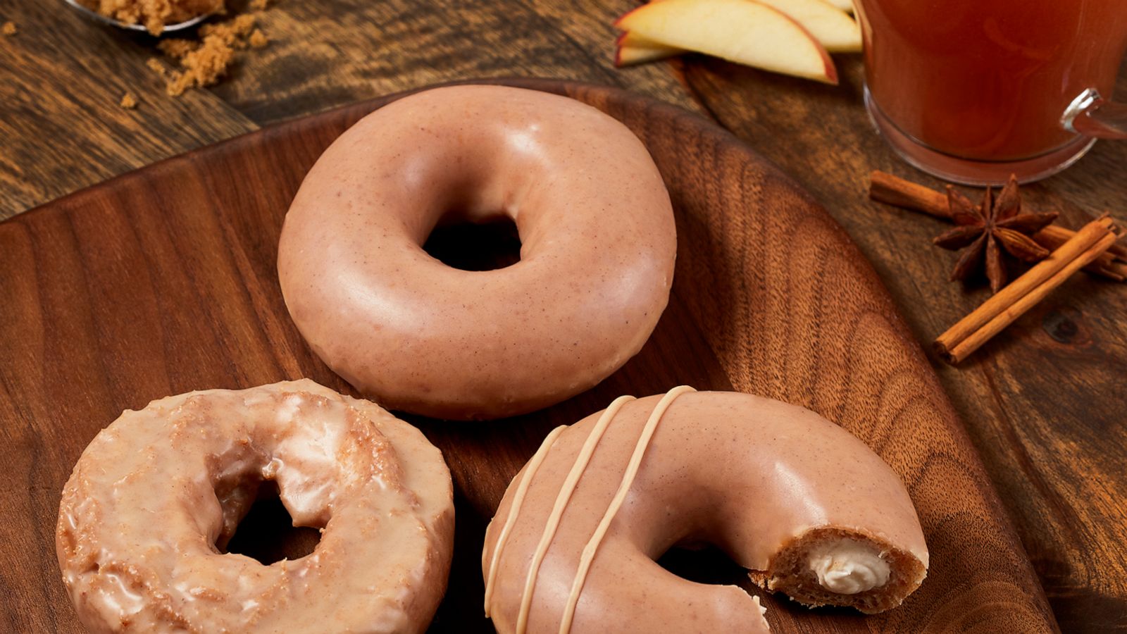 PHOTO: Three new apple cider glazed doughnuts available this fall at Krispy Kreme.