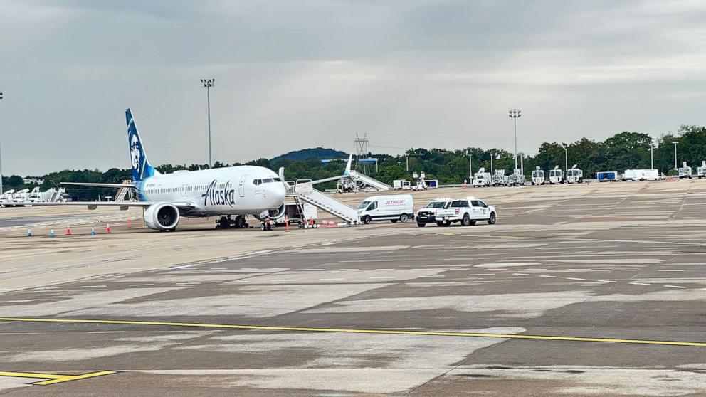 PHOTO: An Alaska Airlines jet taking off in Nashville braked to a rapid stop on the runway to avoid a possible collision Thursday with a Southwest Airlines plane, and federal agencies are investigating the incident, Sept. 12, 2024.