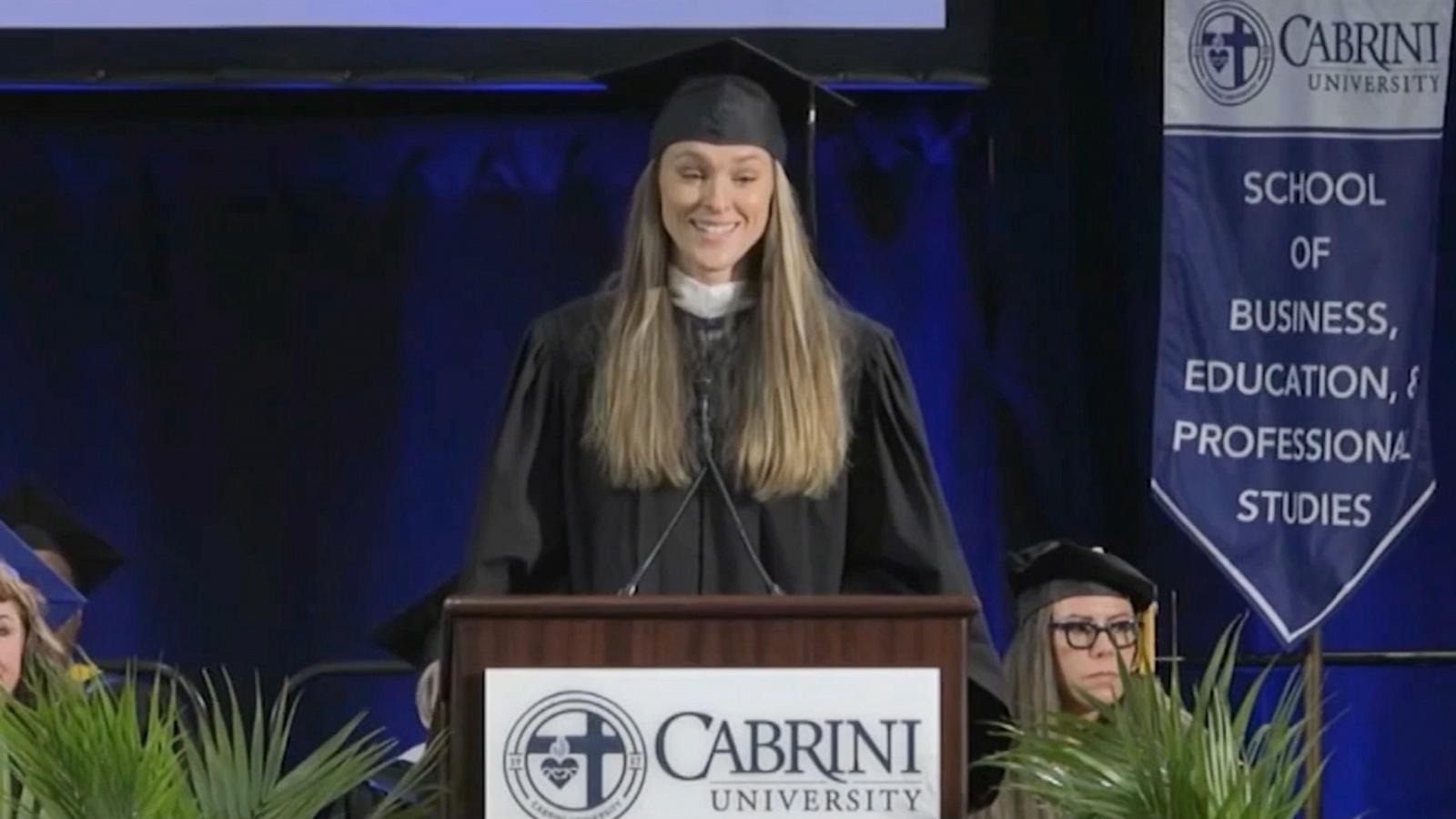 PHOTO: Kylie Kelce delivers the final commencement speech for Cabrini University in Radnor Township, PA, May 19, 2024.