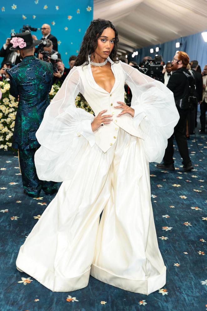 Laura Harrier attends the 2025 Met Gala Celebrating "Superfine: Tailoring Black Style" on May 05, 2025 in New York City.