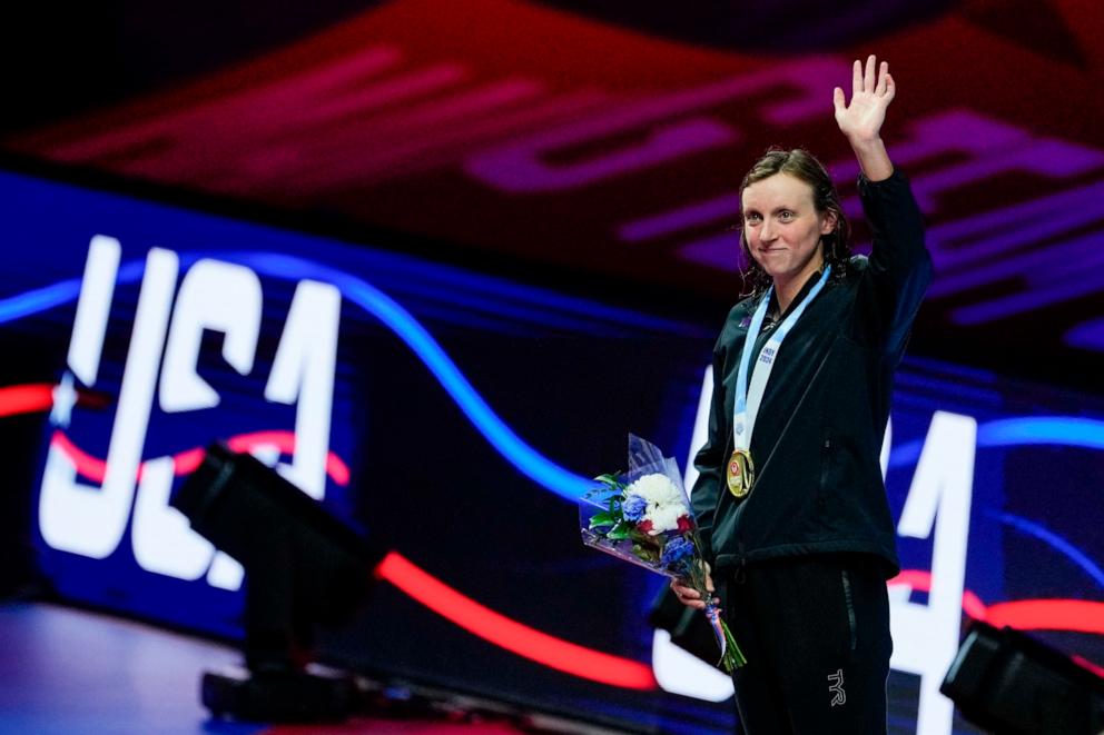 PHOTO: Katie Ledecky reacts after winning the Women's 400 freestyle finals, June 15, 2024, at the US Swimming Olympic Trials in Indianapolis.