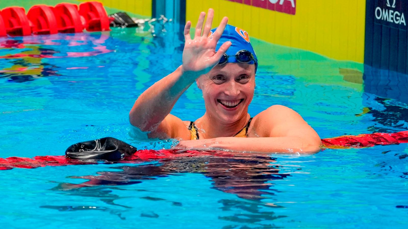 PHOTO: Katie Ledecky reacts after winning the Women's 400 freestyle finals, June 15, 2024, at the US Swimming Olympic Trials in Indianapolis.