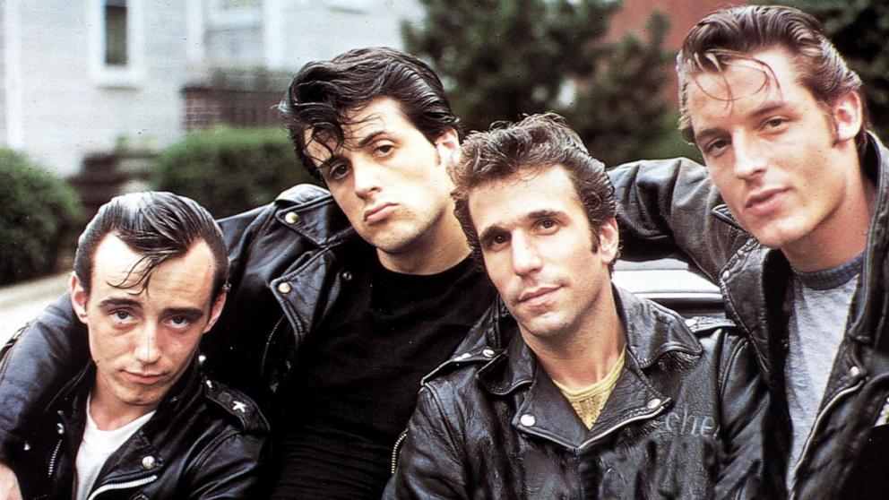PHOTO: Paul Mace, Sylvester Stallone, Henry Winkler, and Perry King in a publicity still from "The Lords of Flatbush," 1974. 