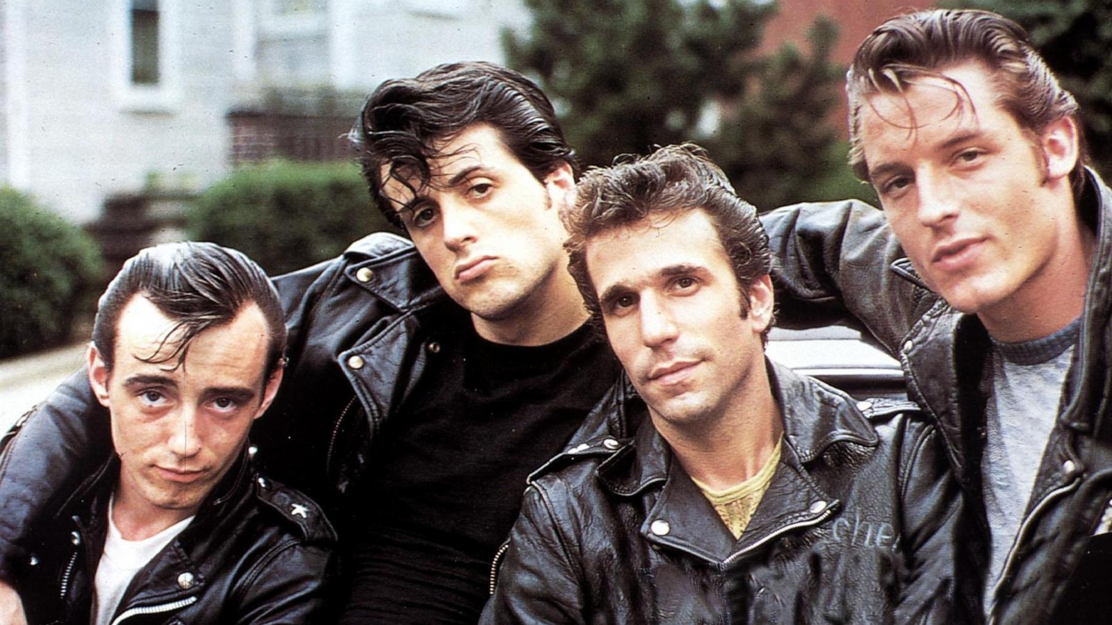 PHOTO: Paul Mace, Sylvester Stallone, Henry Winkler, and Perry King in a publicity still from "The Lords of Flatbush," 1974.