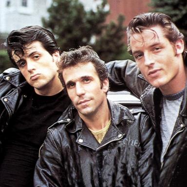 [PHOTO: Paul Mace, Sylvester Stallone, Henry Winkler, and Perry King in a publicity still from 