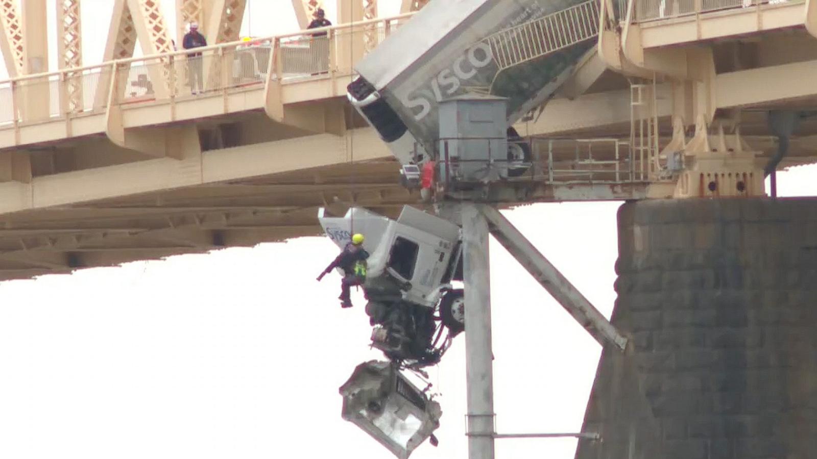 PHOTO: Firefighters in Louisville helped rescue a semi truck driver off the Clark Memorial Bridge.