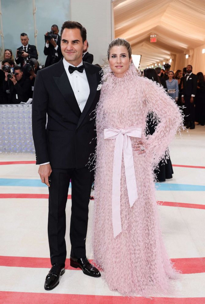 PHOTO: Roger Federer and his wife Mirka Federer pose at the Met Gala with this year's theme "Karl Lagerfeld: A Line of Beauty," in New York City, May 1, 2023.