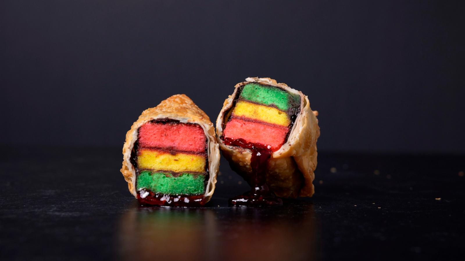 PHOTO: Rainbow cookie, raspberry jam and chocolate syrup rolled in an egg roll wrapper, available in the Metropolitan Fry Factory at Citi Field.