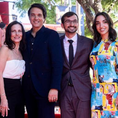 PHOTO: Actor Ralph Macchio (2nd L), his wife Phyllis Fierro (L), and children Julia Macchio (R) and Daniel Macchio pose during the Hollywood Walk of Fame ceremony honoring Macchio with a star in Hollywood, Calif., Nov. 20, 2024.