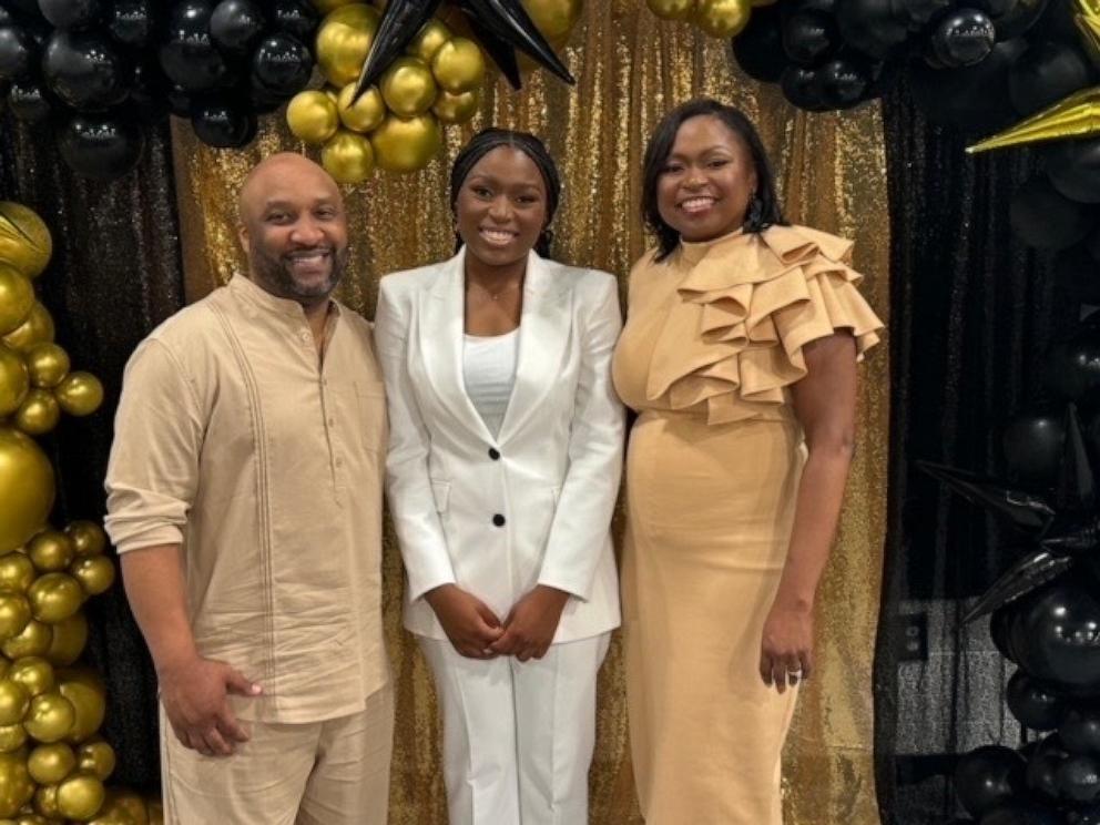 PHOTO: Crowell is pictured with her parents – her father Sgt. 1st Class Delando Langley and mother Melissa Langley – at a ceremony announcing her decision to attend High Point University.