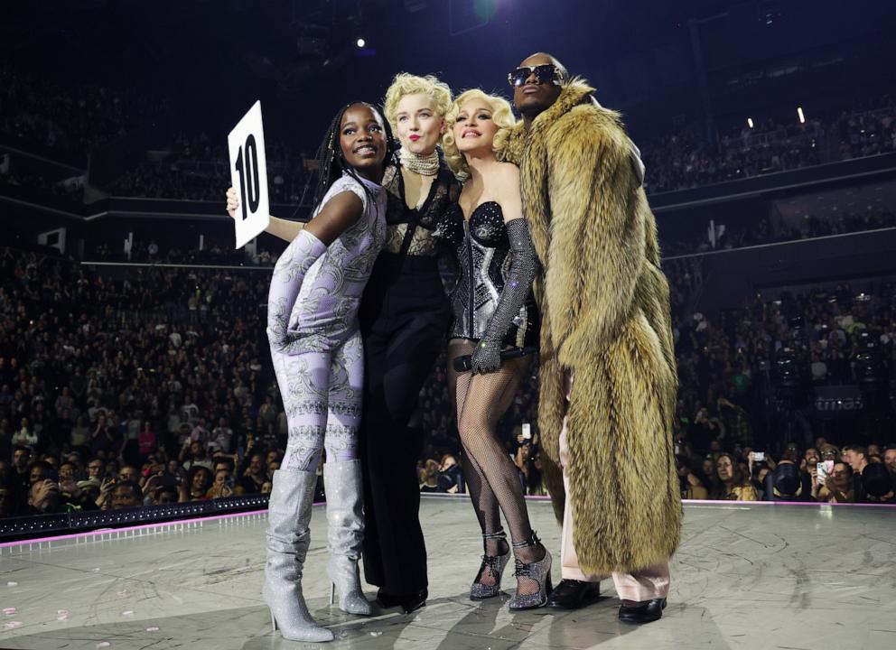 PHOTO: Estere, Julia Garner, Madonna and David Banda pose during "The Celebration Tour" at Barclays Center in New York City, Dec.14, 2023 in New York City.
