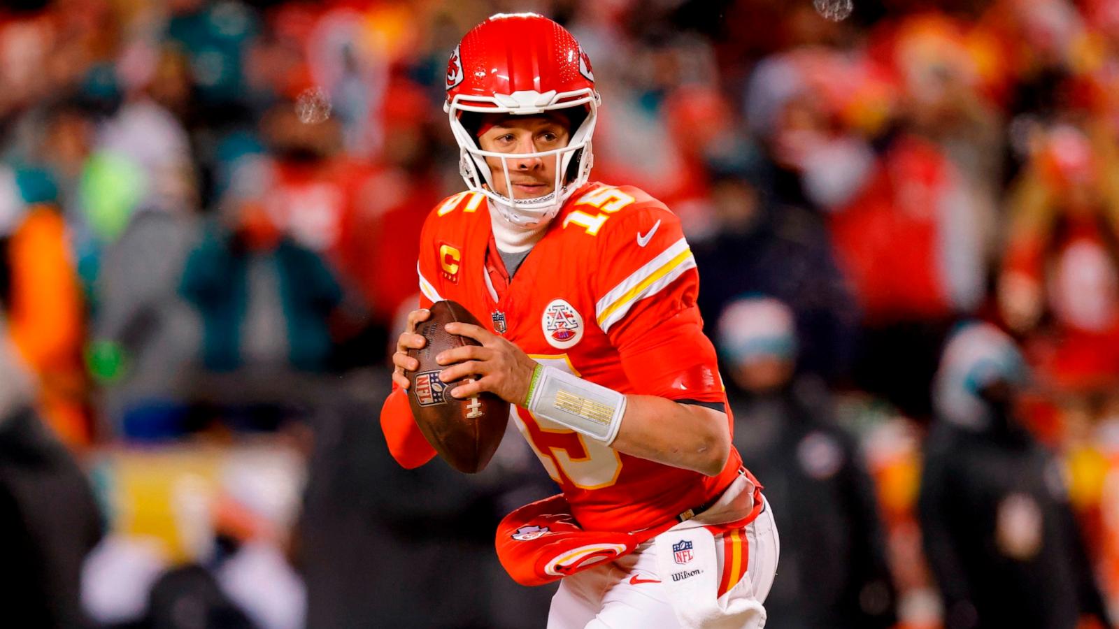 PHOTO: Patrick Mahomes of the Kansas City Chiefs looks to pass during the first half against the Miami Dolphins in the AFC Wild Card Playoffs at GEHA Field at Arrowhead Stadium on Jan. 13, 2024 in Kansas City, Mo.