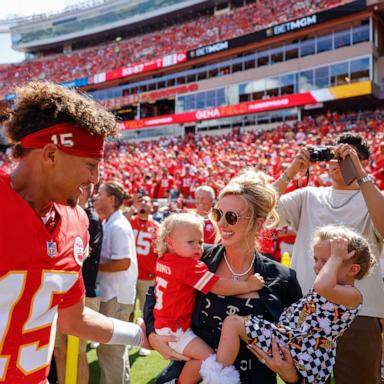 PHOTO: Patrick Mahomes greets his wife, Brittany Mahomes and their two children Patrick Bronze Lavon Mahomes and Sterling Skye Mahomes at Arrowhead Stadium on Sept. 15, 2024 in Kansas City, Mo.