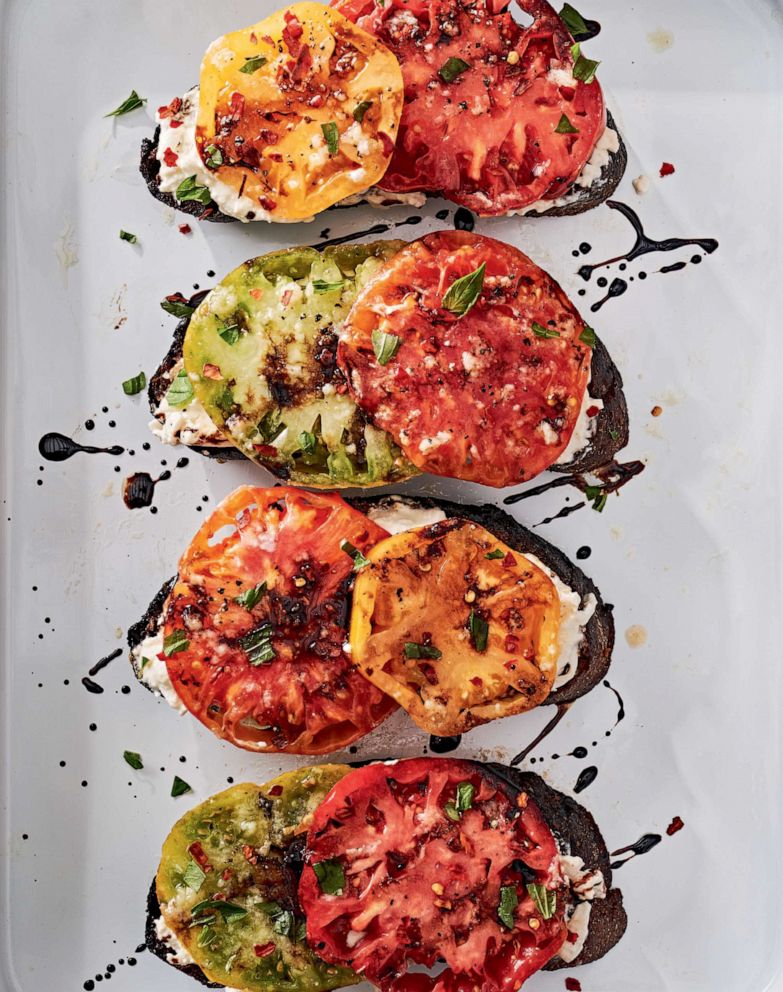 PHOTO: A platter of marinated tomato toast.